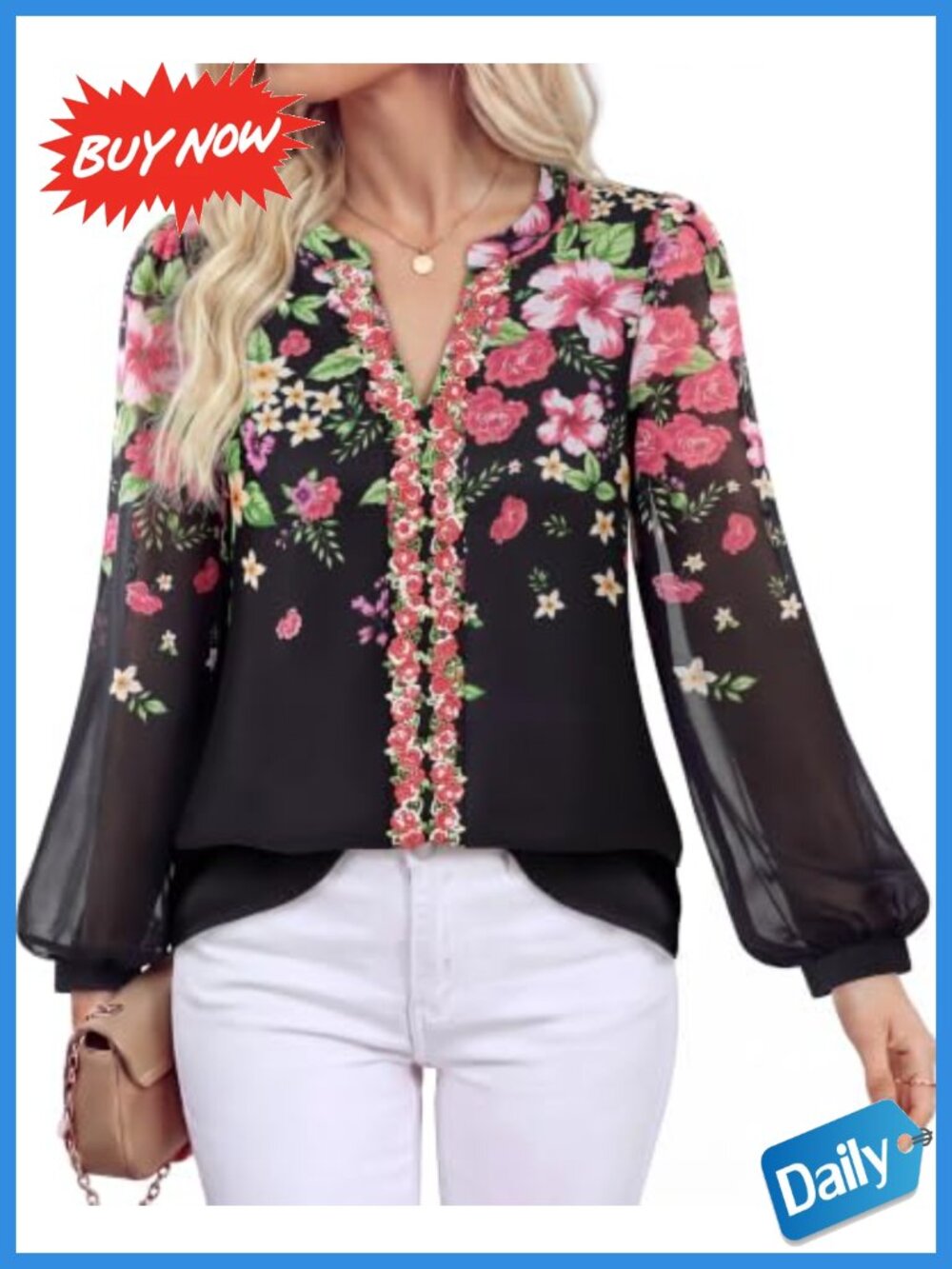 Womens Embroidered V Neck Puff Long Sleeve Dressy Blouse Tunics